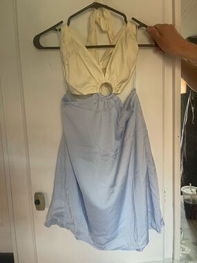 Promesa Cream Halter Top with Light Blue Skirt Mini Dress